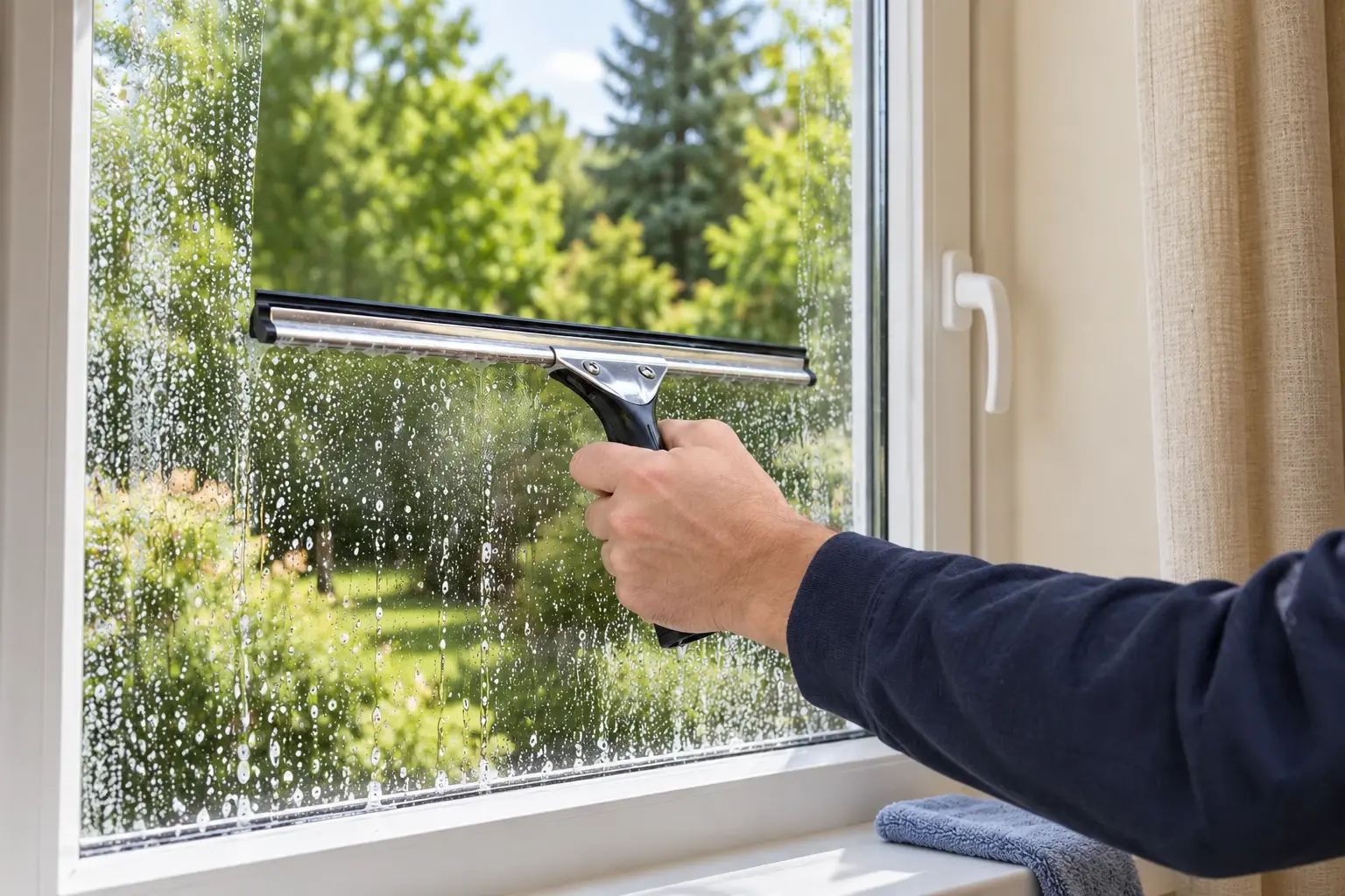 Lavage de la face intérieure d’une fenêtre à la raclette, avec vue sur le jardin